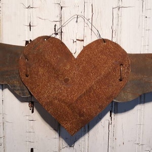 Rusty Tin Heart with Wings Antique Tin Upcycled From Barn Roof Home Decor Rustic Primitive Valentine's Day Gift Decoration image 5