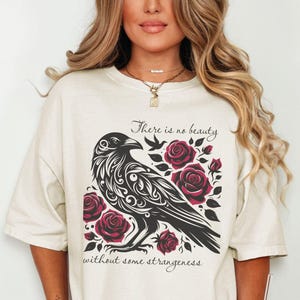 Poe Shirt with Raven Roses, Book Lover Gift, Comfort Colors Tee, No Beauty Without Some Strangeness Quote Shirt, Dark Academia, Line Art Tee