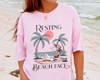 Retro Halloween Summer Shirt, Resting Beach Face, Skeleton Beach Shirt, Summerween Shirt, Funny Beach Babes Tee, Comfort Colors Shirt