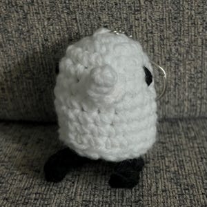 May include: White crocheted ghost keychain with black eyes and a silver ring. The ghost has a small, round body and a large, round head.