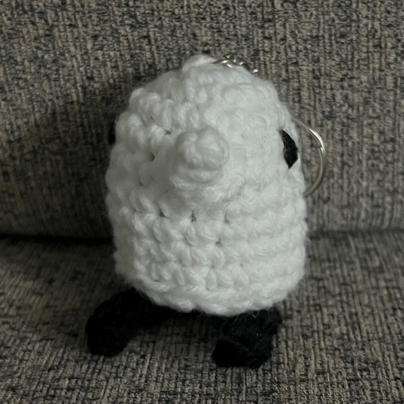 May include: White crocheted ghost keychain with black eyes and a silver ring. The ghost has a small, round body and a large, round head.