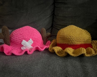 Sombrero de pescador de anime - Sombrero de paja, cornamenta rosa - Crochet