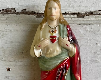 Vintage Jesus Wall Pocket Ceramic -Sacred Heart Holy Water