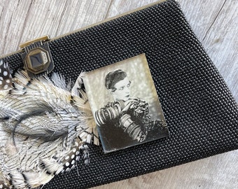 Vintage Black Clutch - Art Deco Dramatic Upcycled Feathers, Lucite, and More - Madison Creation