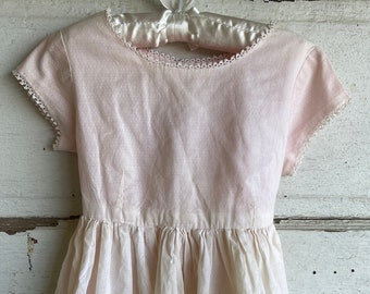 Antique Childs Dress Hand-Sewn Pink Cotton Voile - 4-5t 1950s