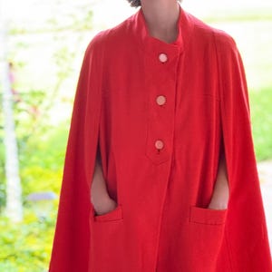Vintage Cape Coat 1960s Fully Lined - Slit Sleeve Tomato Red- Womens Outwear Fall Winter
