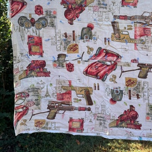 Vintage Quilt - Barkcloth 007 Spy Theme Orient Express 1950s patchwork Salvage Blanket - Hand Tied