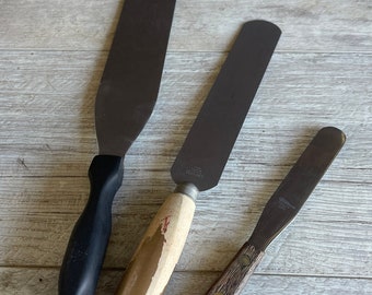 Vintage mango de madera espátula vintage utensilio de cocina oro flaco flipper pastel glaseado cuchillo