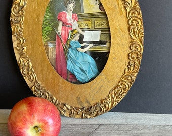 Antique Framed Print - Victorian Child - Oval Gesso Frame - Music Lesson