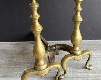 Antique Solid Brass Andirons Firedogs - Front Pieces and Cast Iron Base