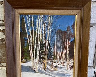 Vintage Painting Snowy Birch Trees on Canvas Board -  1958 Signed