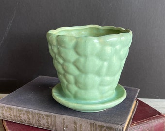 Vintage Brush McCoy Flower Pot - Pebble Pottery Matte Green -under plate - Antique