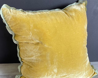 Vintage Pillow - Large Down Filled Velvet - Goldenrod and Mint - "Square Feathers" brand