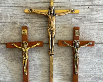 Vintage Crucifix Wall Hanging - Wood and Brass- Modern - choice - Small Shrine Pieces