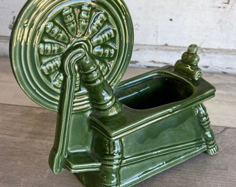 Vintage Spinning Wheel Planter Morton Pottery Mid Century Figural planter - Green