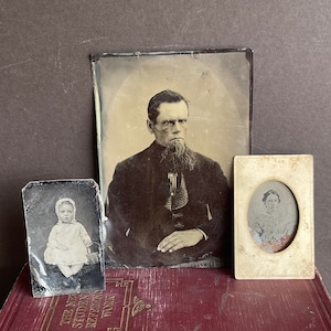 Antique Tintypes 1880s- Grouchy Man, ID'd Woman and Baby Bon-ton Carte De Visite