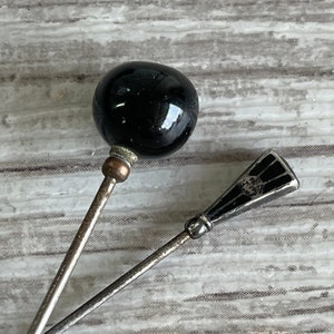 Antique Hat Pins -Jet Glass and Enamel - Long Victorian Blown Glass