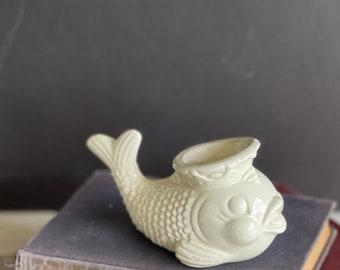 Vintage Fish Planter White Pottery Figural Small Cactus or Succulent pot