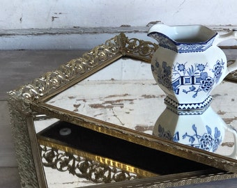 Vintage Brass Mirror Dresser Tray - Filigree Hollywood Regency Decor - Large Rectangle