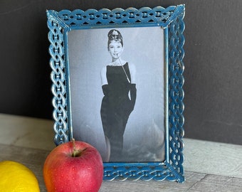 Vintage Brass Filigree Picture Frame 5 x 7  - Painted Williamsburg Blue  - Audrey Hepburn Picture Included