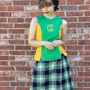 Vintage Sleeveless Shirt - Princess Cut - Cheer Uniform Sleeveless Shirt Mustard and Green Handmade 1960s Monogram CJH Cotton Small