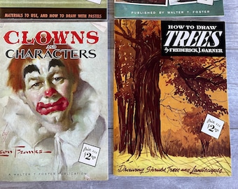3 Vintage Walter Foster Art Painting Books -Clowns and Characters, Trees and Seasons - Excellent condition