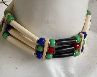 Vintage Native American Choker Necklace - Bone Horn and Glass with Rawhide - Quality materials, Older