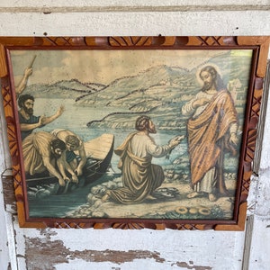 Antique Religious Art Framed Lithograph - Jesus Multiplies the Fish - Sunday School Church Art