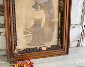 Antique Photo Black Woman - Gibson Girl Attire - 1900s 10 x 12 Distressed Gesso Frame - Unidentified