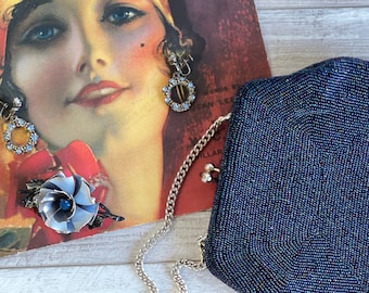 Vintage Purse, Coro Pin and Earrings - Aurora Borealis Beaded Handbag Blue Rhinestone Flower