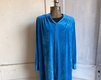 Vintage Velour House Coat - Paulette New York - Turquoise Blue Zip Front Pocket 3/4 Sleeve 1980s Robe