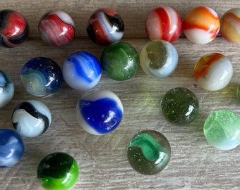 Vintage Marbles - Peltier Ravenswood Tri-Color Swirl, Black and Orange, Jadeite, Fire - with leather bag