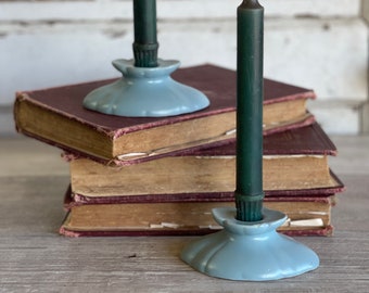 Vintage Weller Pottery Candlesticks -Matte Blue Art Pottery Ohio Candle Holders - 1920s