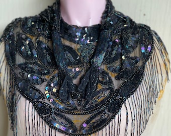 Vintage Collar- Beaded Sequin Black Aurora Borealis Hand Beaded Elegant