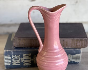 Vintage Pink Pottery Ewer Pitcher - Matte Ribbed USA White Clay 1940s