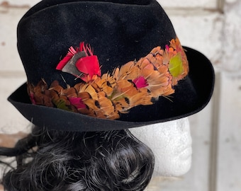 Vintage Fedora Hat -Velda Original Large - Black Felt Union Made - Womens Alpine Pheasant Feathers