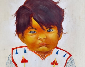 Vintage Native American Baby Portrait - Oil Painting on Board - Signed Yana - Lakota Plains Crow Beaded Vest