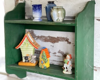 Vintage Wooden Shelf - Painted Green Handmade - Teacup and Saucer /Knick Knack Shelf