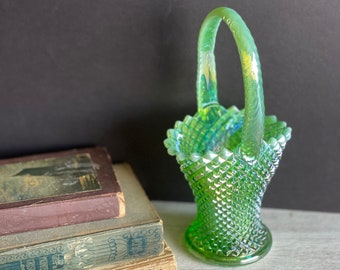 Vintage Westmoreland Glass Basket - Green Iridescent Diamond Glass -1980s Mark
