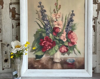 Vintage Framed Flower Print Morris Bendien Davies 1943 Watercolor Peony Delphinium Gladiolus -Gorgeous