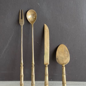 Vintage Brass Flatware Set - bamboo shaped handles  Fork Knife Spoon Serving Spatula