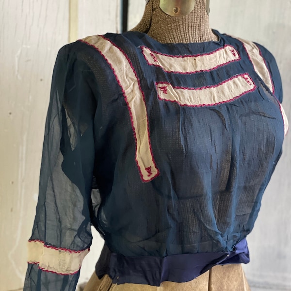 Antique 1918 Silk Blouse - Madam Flanders - Georgette Edwardian Navy Blue - Rare Fragile Costume Study