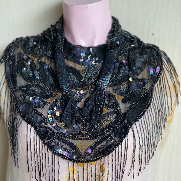 Vintage Collar- Beaded Sequin Black Aurora Borealis Hand Beaded Elegant