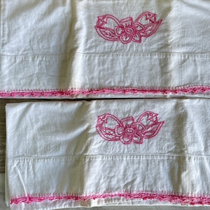 Vintage Cotton Pillowcases - Pink Embroidered  and Crochet Lace - Hand Decorated 1950s 100% Cotton
