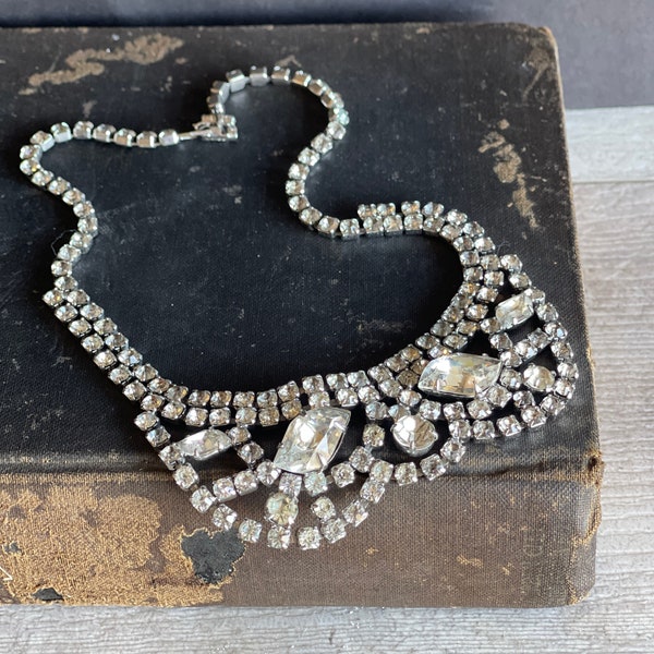 Vintage Weiss Rhinestone Necklace- Signed Bib Collar Necklace