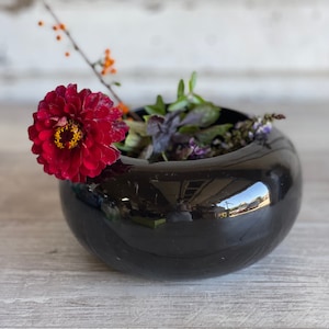 Vintage Vohann Pottery Planter - Gloss Black Mid Century Console - Drainage