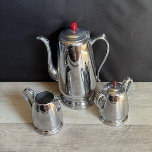 Vintage Art Deco Chrome Bakelite Coffee Set: 3 Pieces Teapot Creamer & Sugar