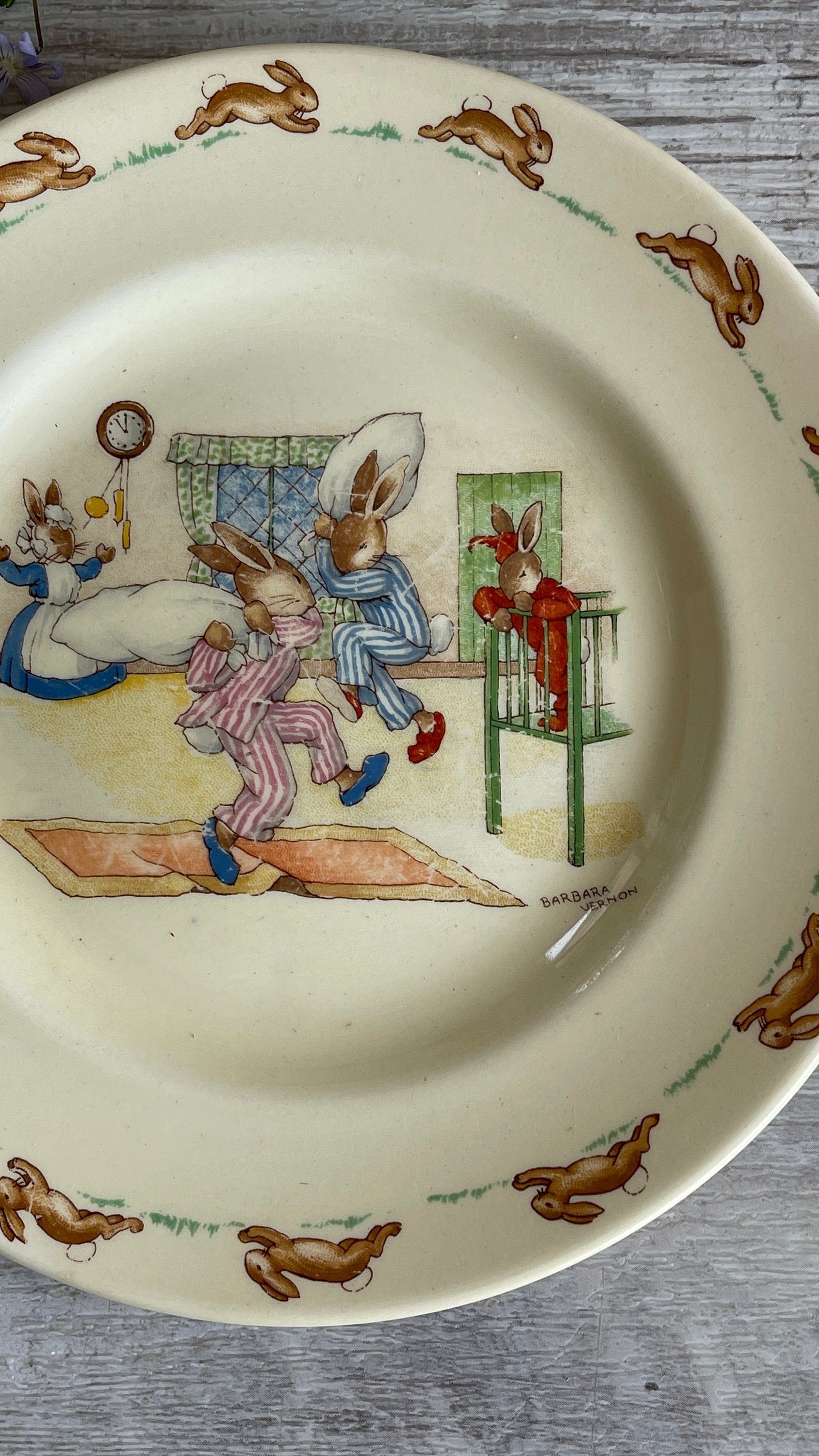 Vintage Bunnykins Plate: Royal Doulton Pillow Fight, 1930s + Mug