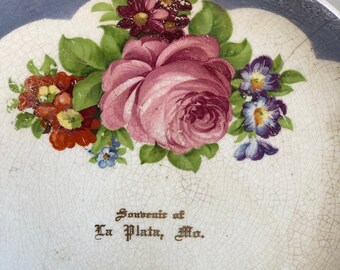 Vintage Souvenir Plate - La Plata, MO Crown Pottery Company - Distressed and Stained Rose Plate