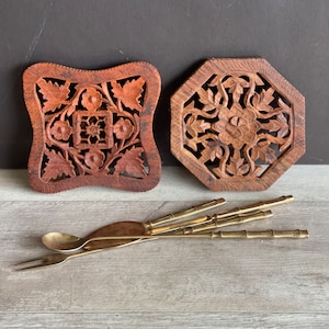 Vintage Carved Trivets -Hand-made Carved Wood- Made in India- set of 2